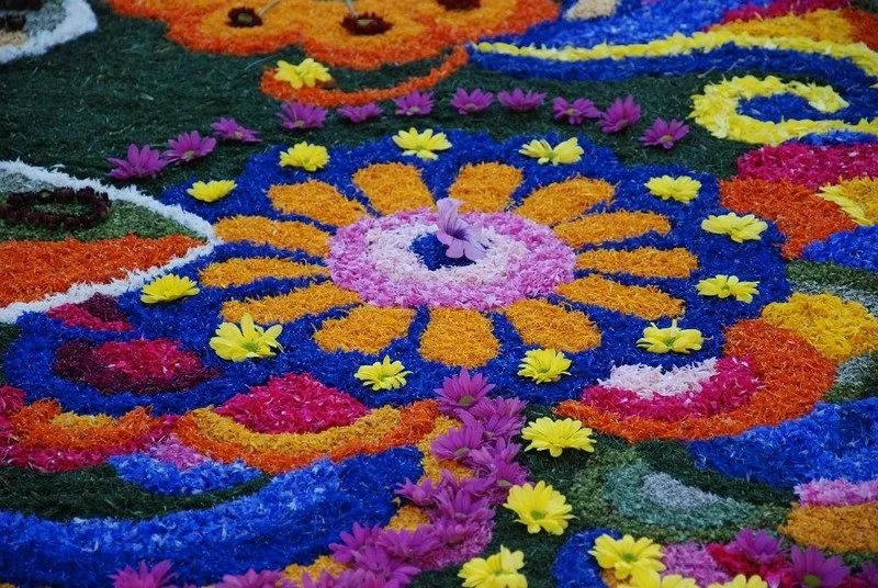 Particolare di un'infiorata di Spello composta di petali gialli, blu, arancioni e fucsia