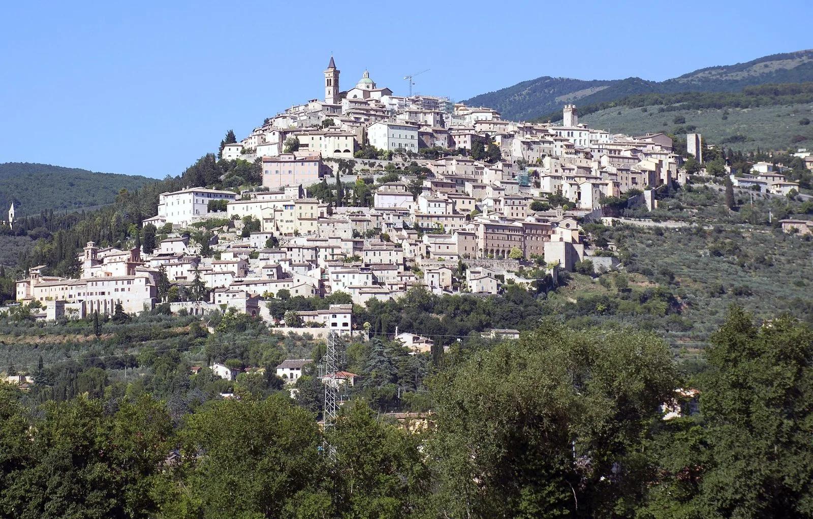 Panorama di Trevi arroccata sulla collina tra uliveti, nella Valle Umbra